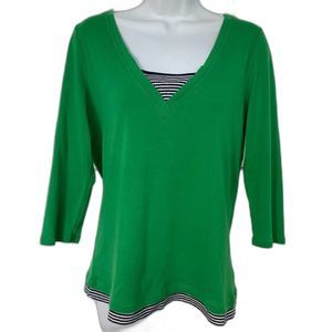 Lauren Ralph Lauren Green Top SZ L Navy Blue White Stripes 3/4 Sleeves Knit